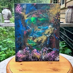 Original Abstract Oil Painting Canvas 11x14 Deep Blue Gold Foil Pink Celestial